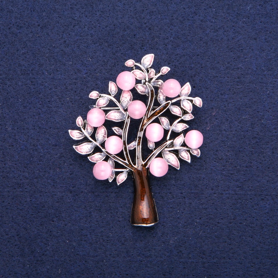 Brooch Pendant Tree Cat's Eye with pink and brown enamel, silver-tone metal 43x54mm