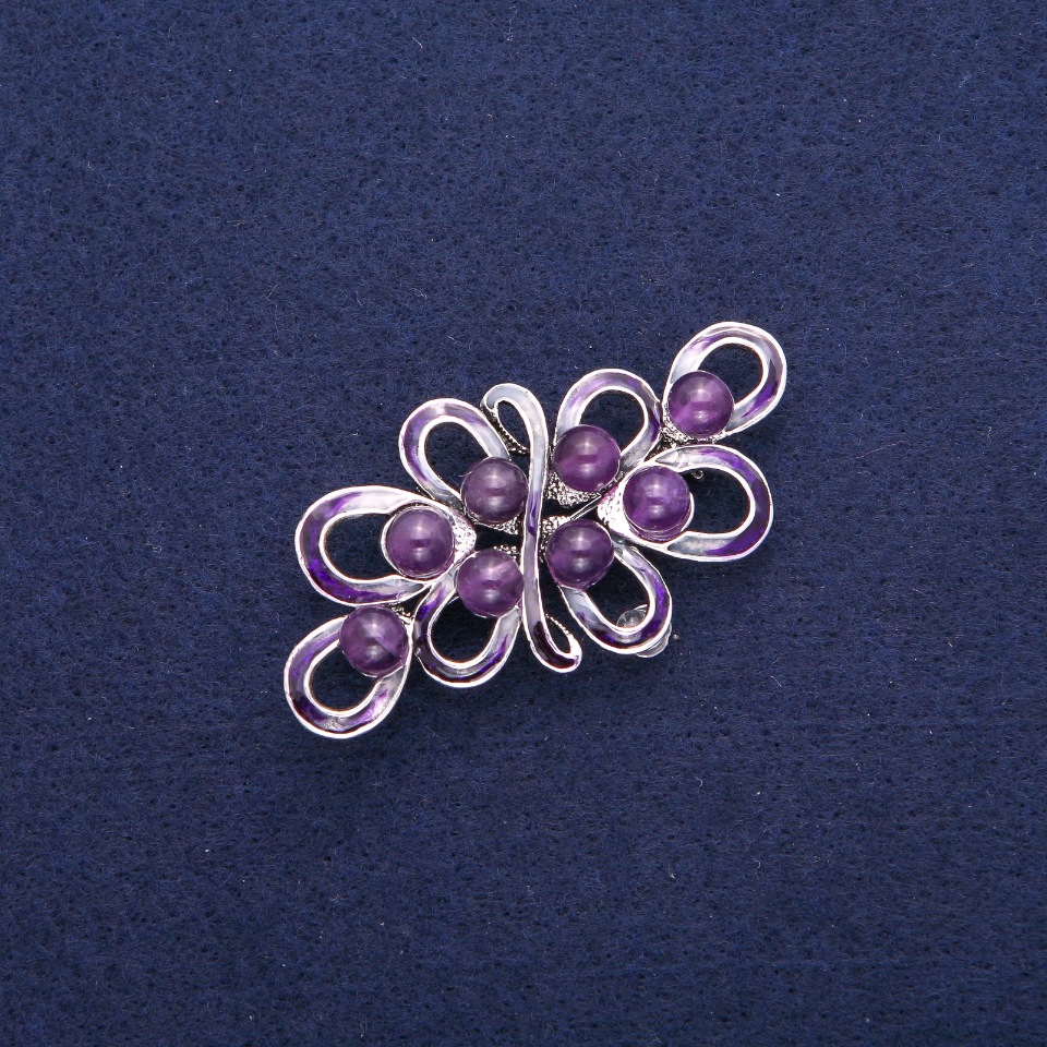 Brooch with Amethyst and Purple Enamel, Silver-Tone Metal 30×57mm