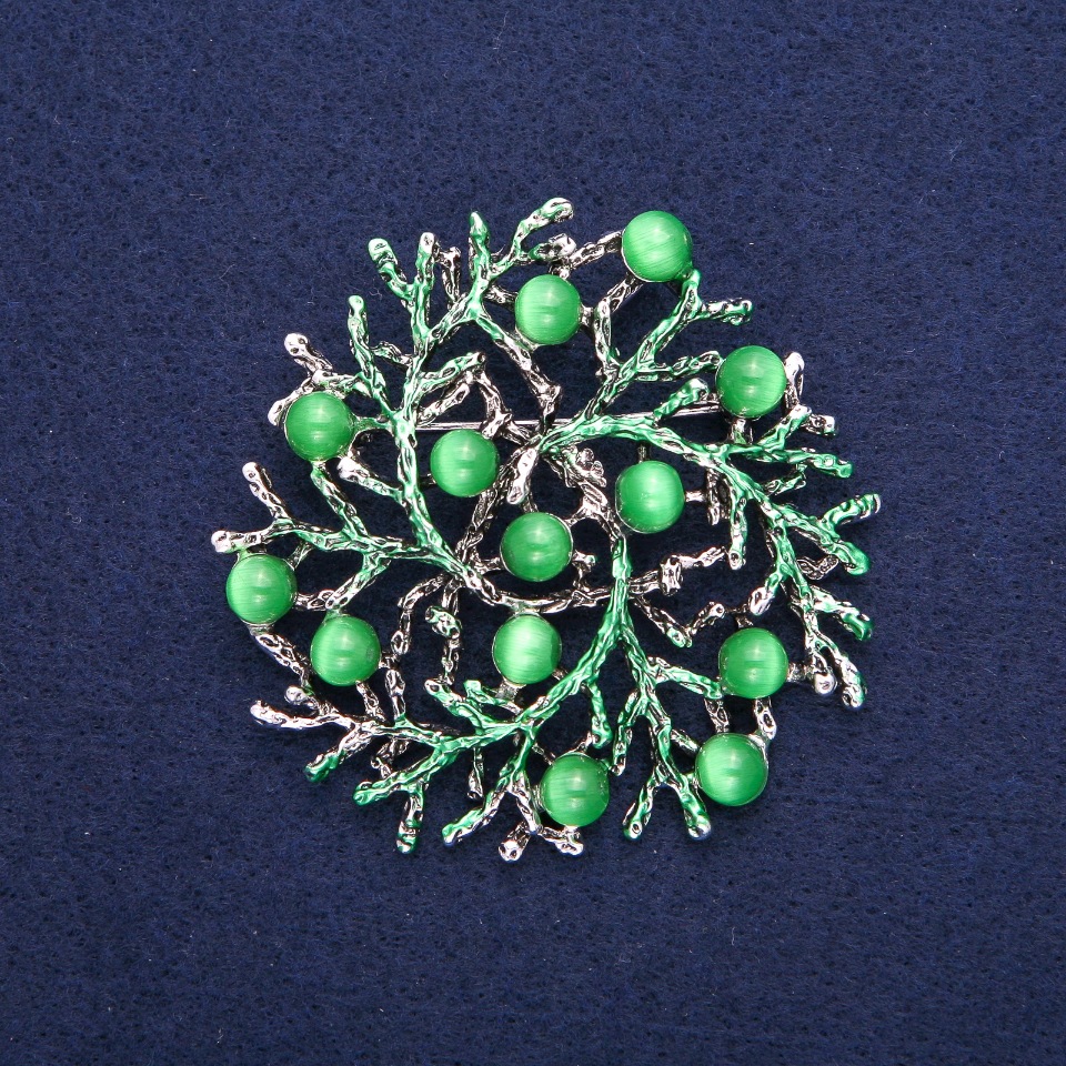 Brooch pendant 'Branches' with Cat's Eye, green enamel, silver-tone metal, 60mm