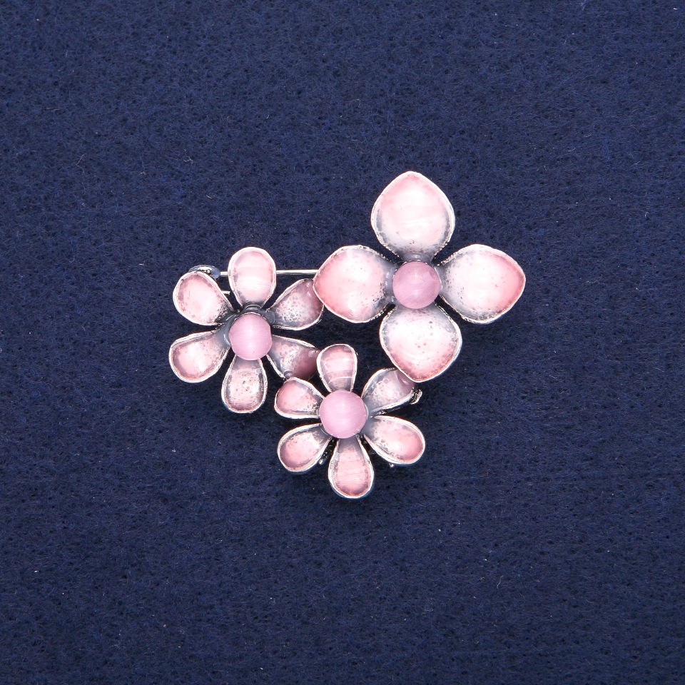 Brooch-pendant Flowers with Pink Cat's Eye and Enamel, Silver-Toned Metal 36x46mm