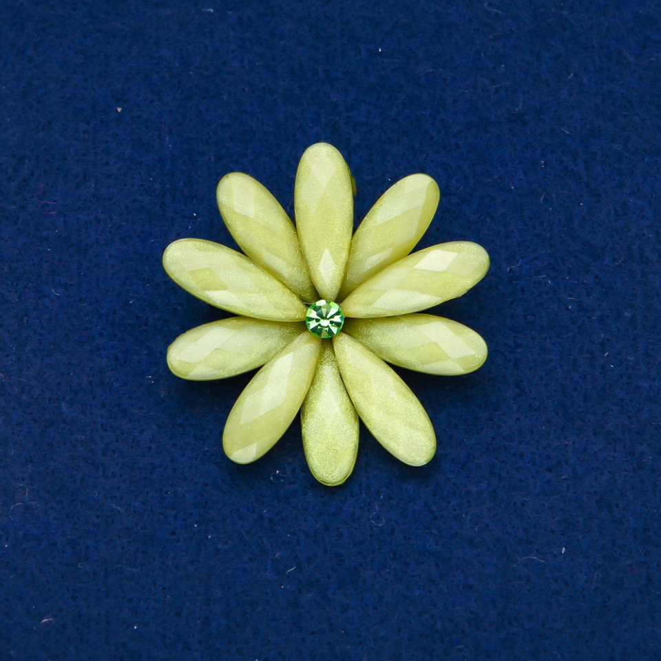 Brooch 'Flower' lime green gray metal 48mm +