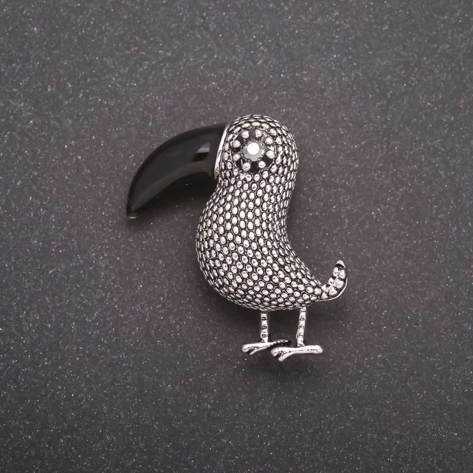 Bird Brooch in Gray Metal, 39x36 mm