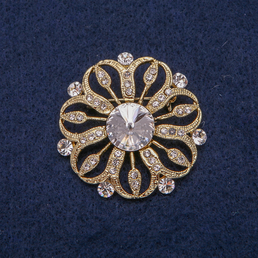 Flower Brooch in Golden Metal with White Crystals, 38x38 mm