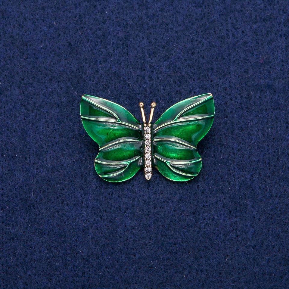 Brooch Butterfly with Green Enamel and Crystals, 22×33 mm, Golden Metal