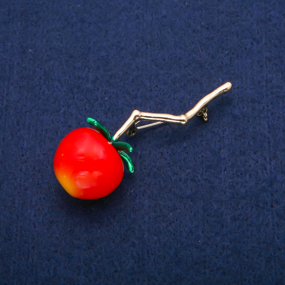 Cherry Tomato on a Stem Brooch, red bead, green enamel, gold-tone metal, 22x61 mm