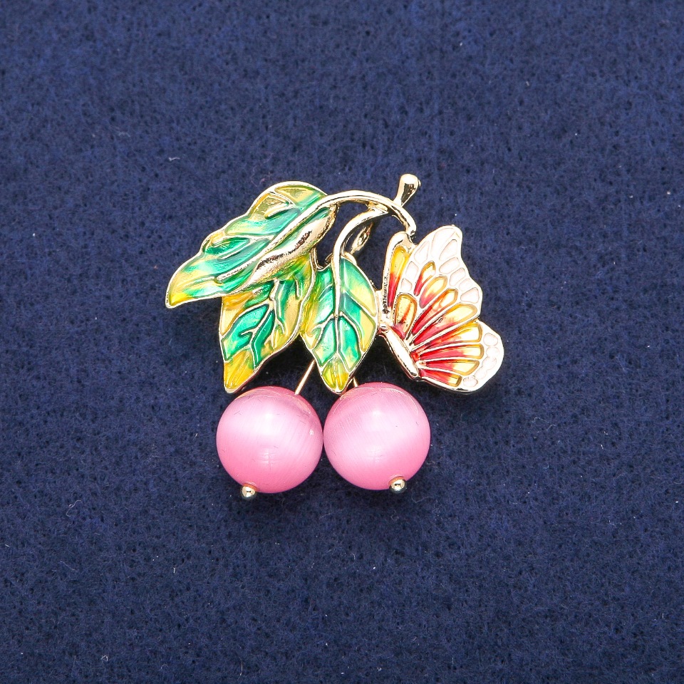 Brooch-Pendant Berries with Butterfly with Beads, Pink Cat's Eye and Enamel, Gold-Tone Metal 39x40mm