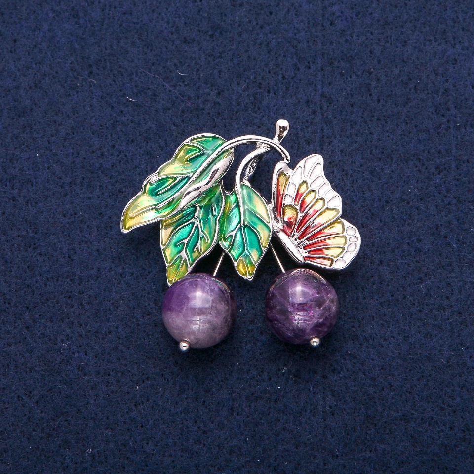 Brooch-Pendant Berry Beads with Butterfly, Amethyst and Enamel, Silver-Tone Metal 39x40 mm