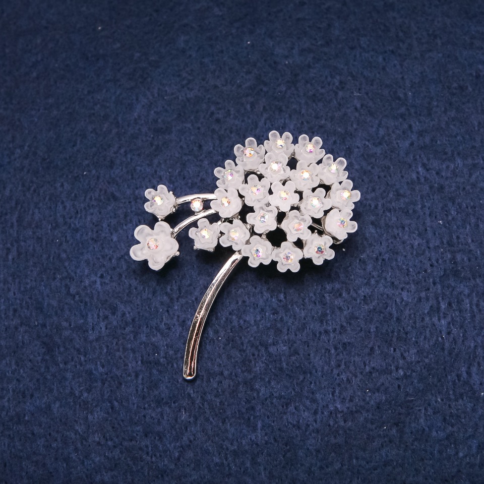 Brooch Flower 52x40 mm Crystals, white color, silver-toned metal