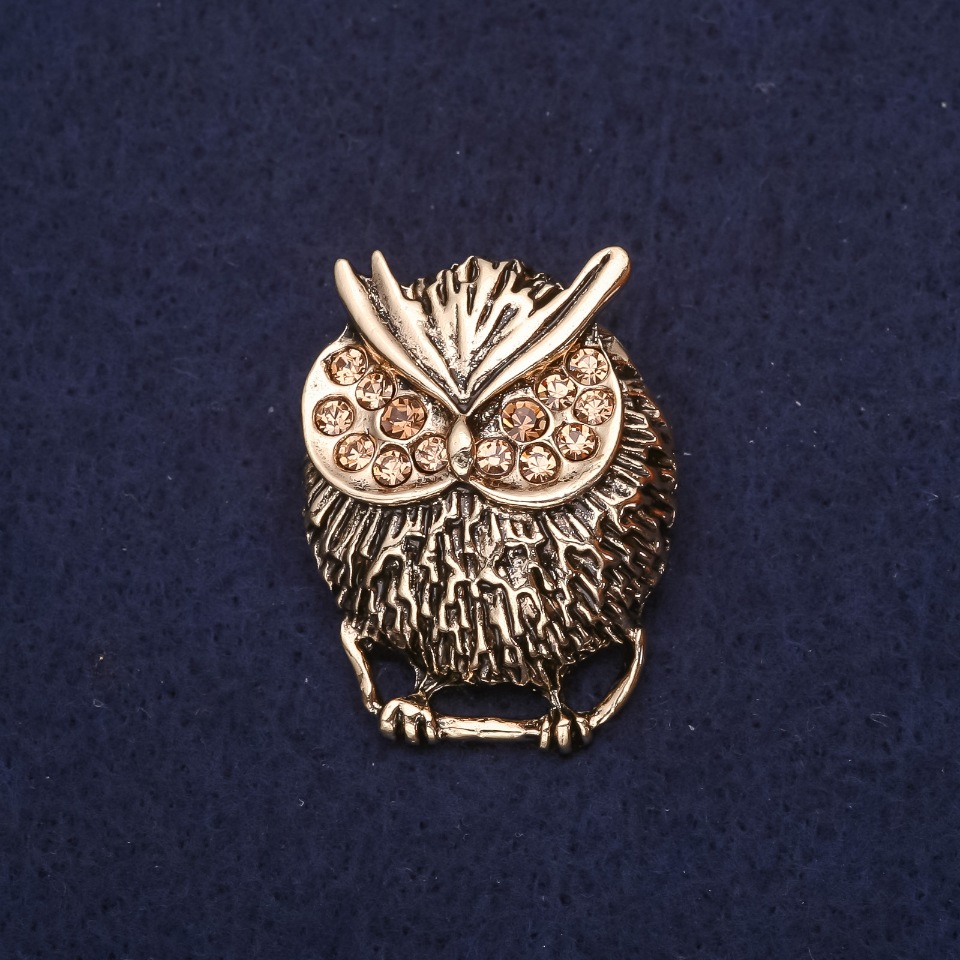 Owl Brooch with Yellow Crystals, 332×25 mm, Gold-Tone Metal