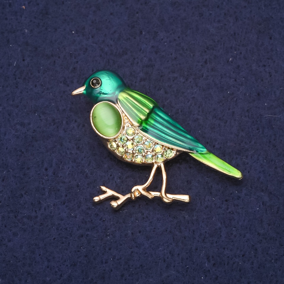Brooch Bird with Cat's Eye Stone, Crystals, Green Enamel (Chameleon), 44×27 mm, Gold-Tone Metal