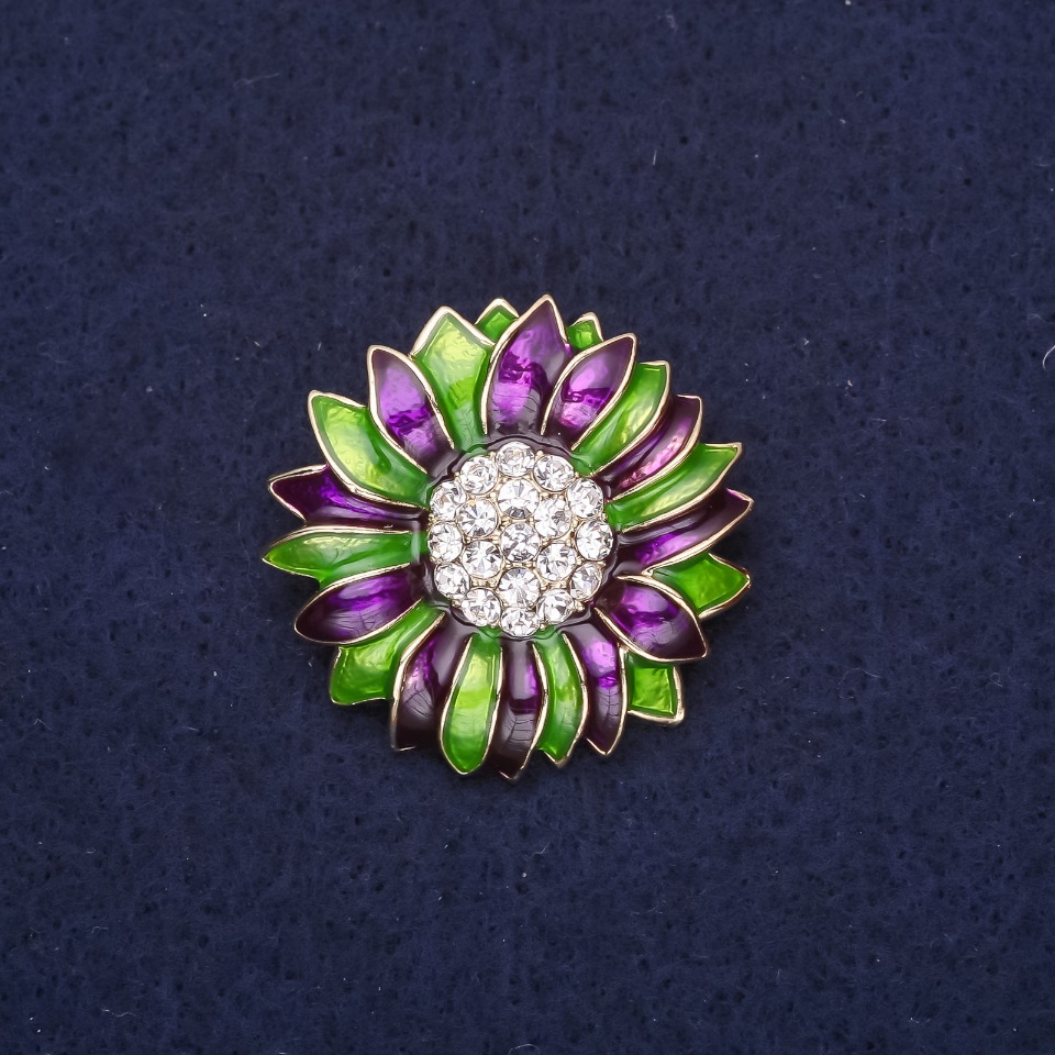 Flower Brooch with Crystals Enamel Green-Purple 29mm Golden Metal