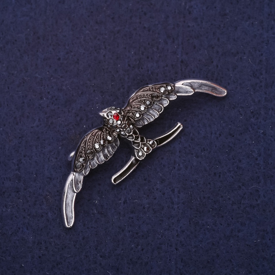 Swallow Brooch, enamel with crystals, gray and black, 54×18 mm, silver-colored metal