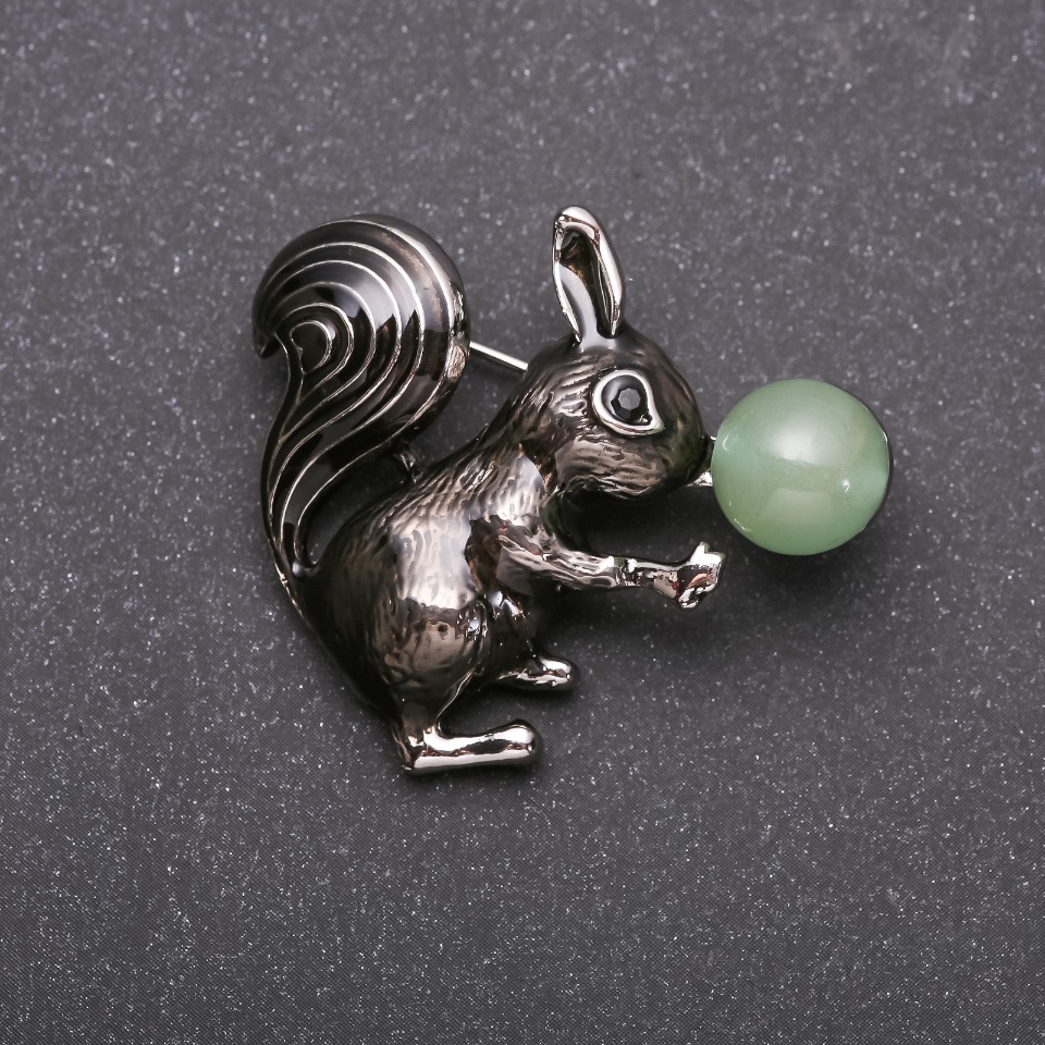 Brooch 'Squirrel with Nephrite' enamel, black color, silver-tone metal, 36×39 mm