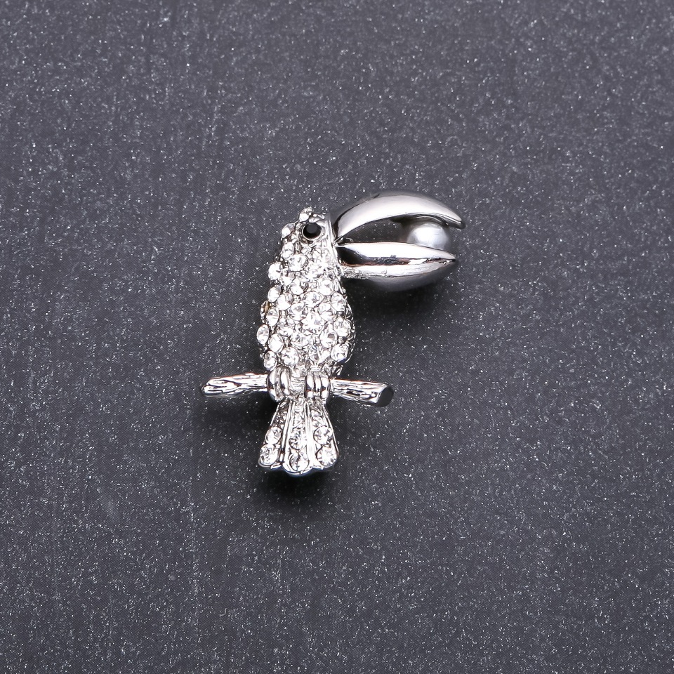 Toucan Bird Brooch with White Crystals 32x20 mm White Metal