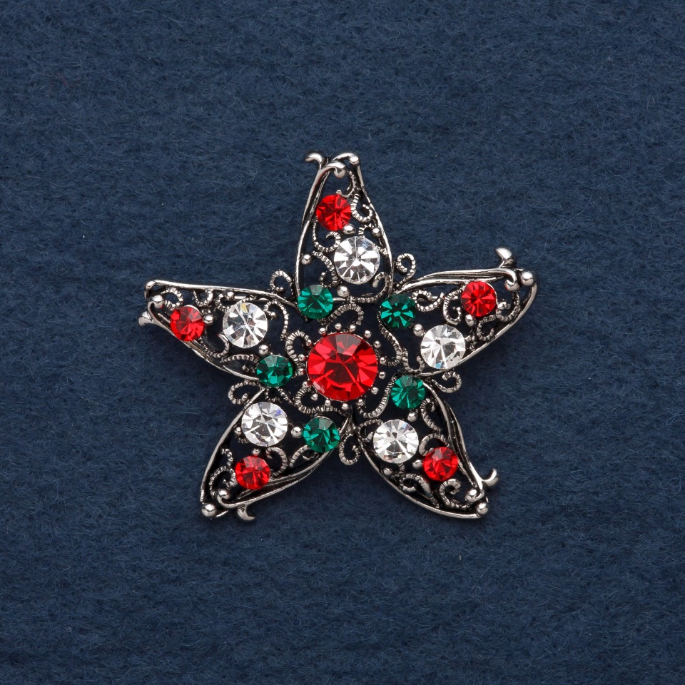 Accent Brooch 5 cm ± Multicolored Crystals, Silver Metal