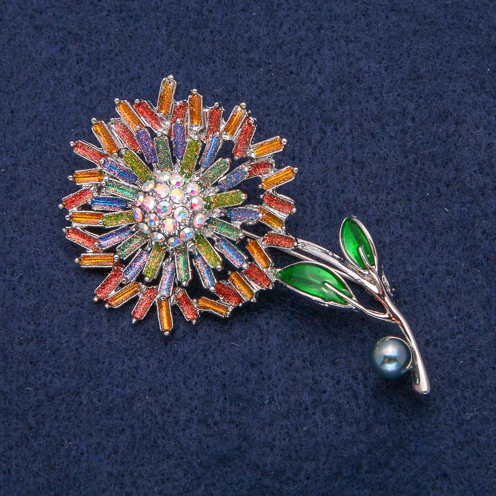 Brooch 'Flower' in silver-toned metal with multicolored enamel and rhinestones 61x33 mm