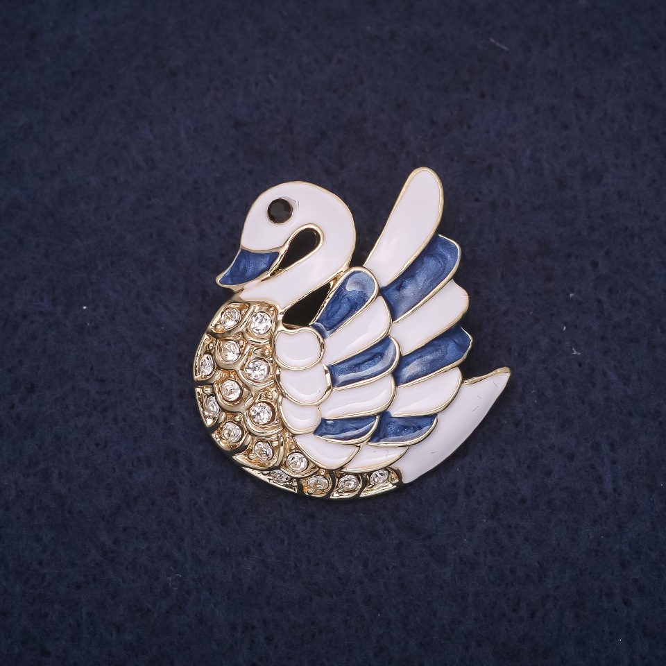 Swan Brooch with White-Blue Enamel, Gold-Tone Metal 30x28 mm