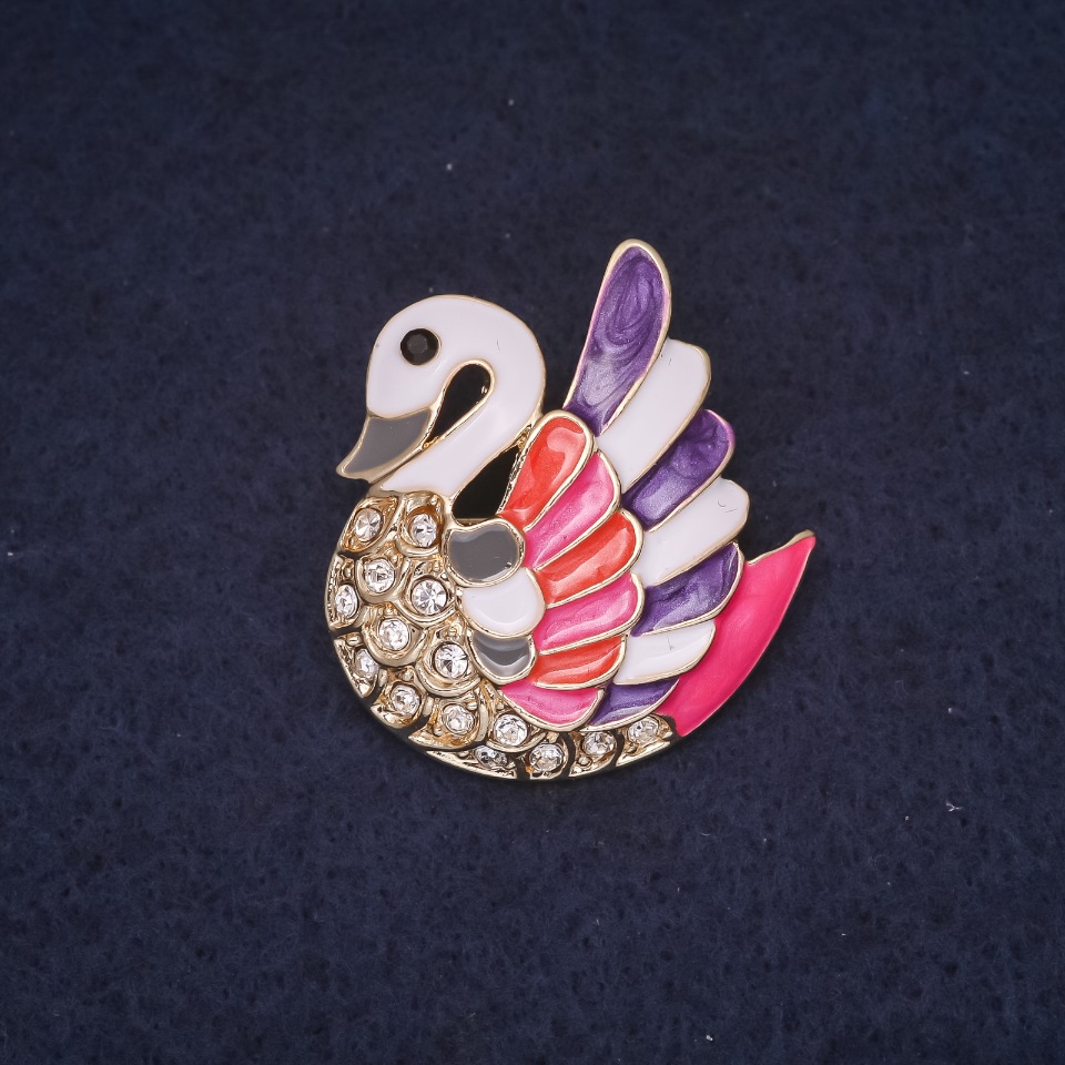 Swan Brooch with Multicolor Enamel, Golden Metal 30×28 mm