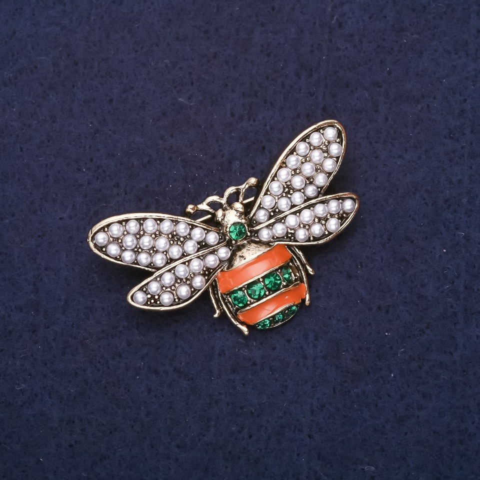 Bee Brooch with Pearls, Crystals, Enamel; Color Brown, Green and White; 40x24 mm; Gold-tone Metal