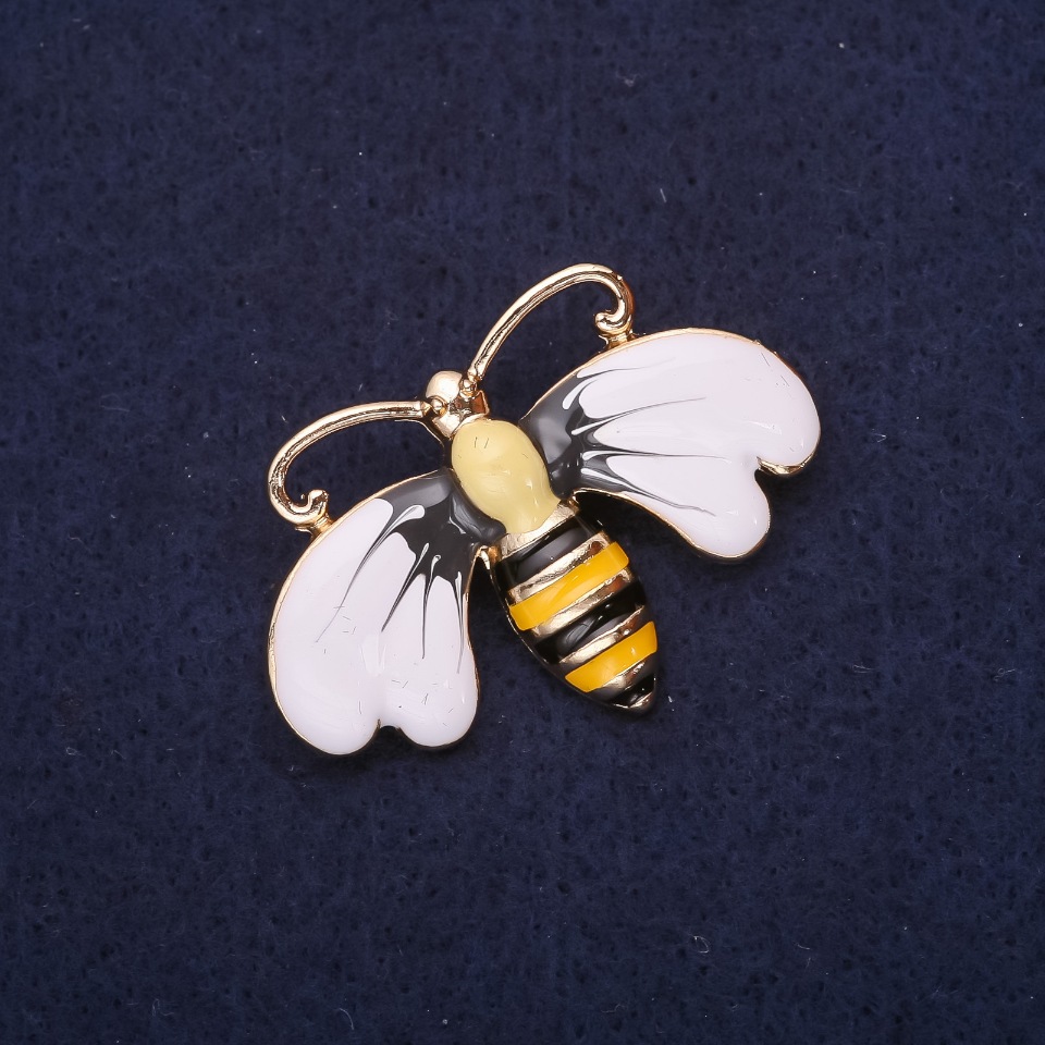 Bee-Butterfly Brooch, enamel, color white, yellow, gray, black, 41×30 mm, gold-toned metal