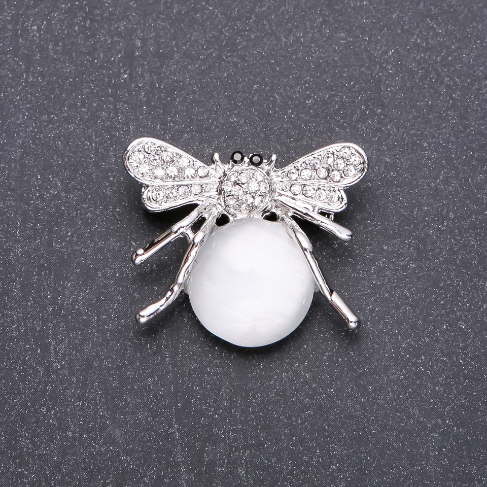 Butterfly Brooch with White Cat's Eye Natural Stone, 35x30 mm, White Metal