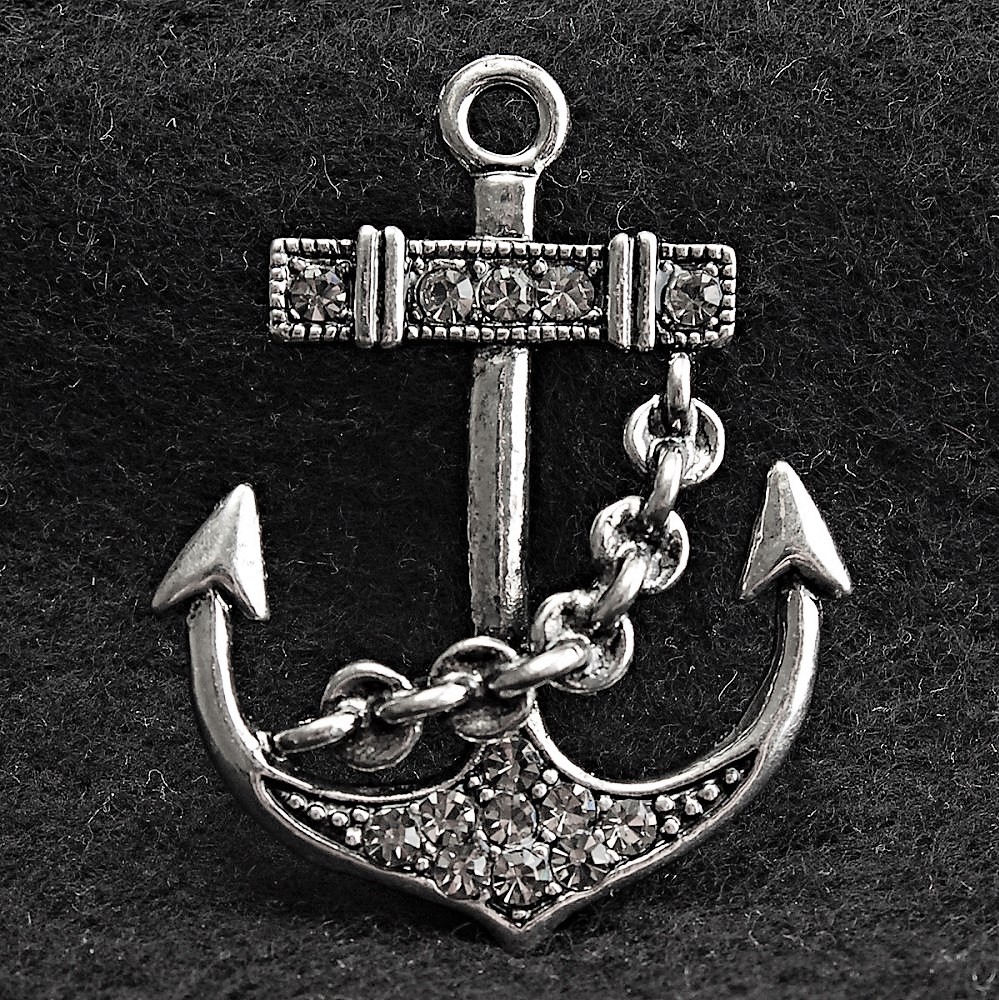 Brooch Anchor silver-toned metal and rhinestones 40x30mm +