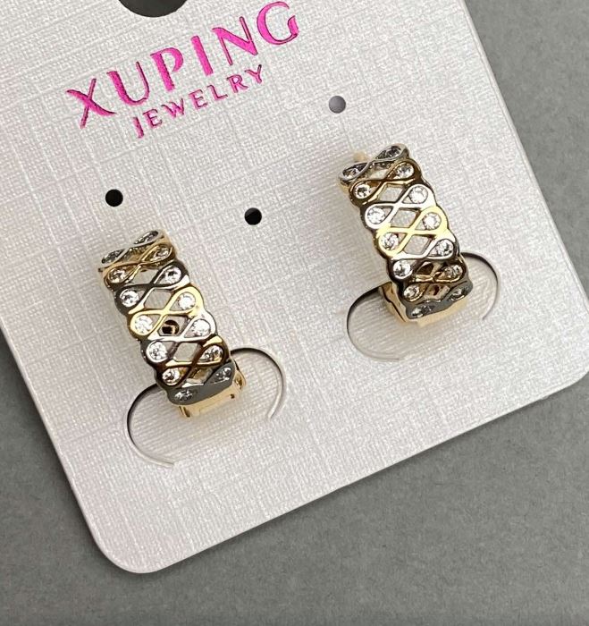 Earrings Xuping 6×15 mm with White Crystals, 18K Gold Plating, Rhodium