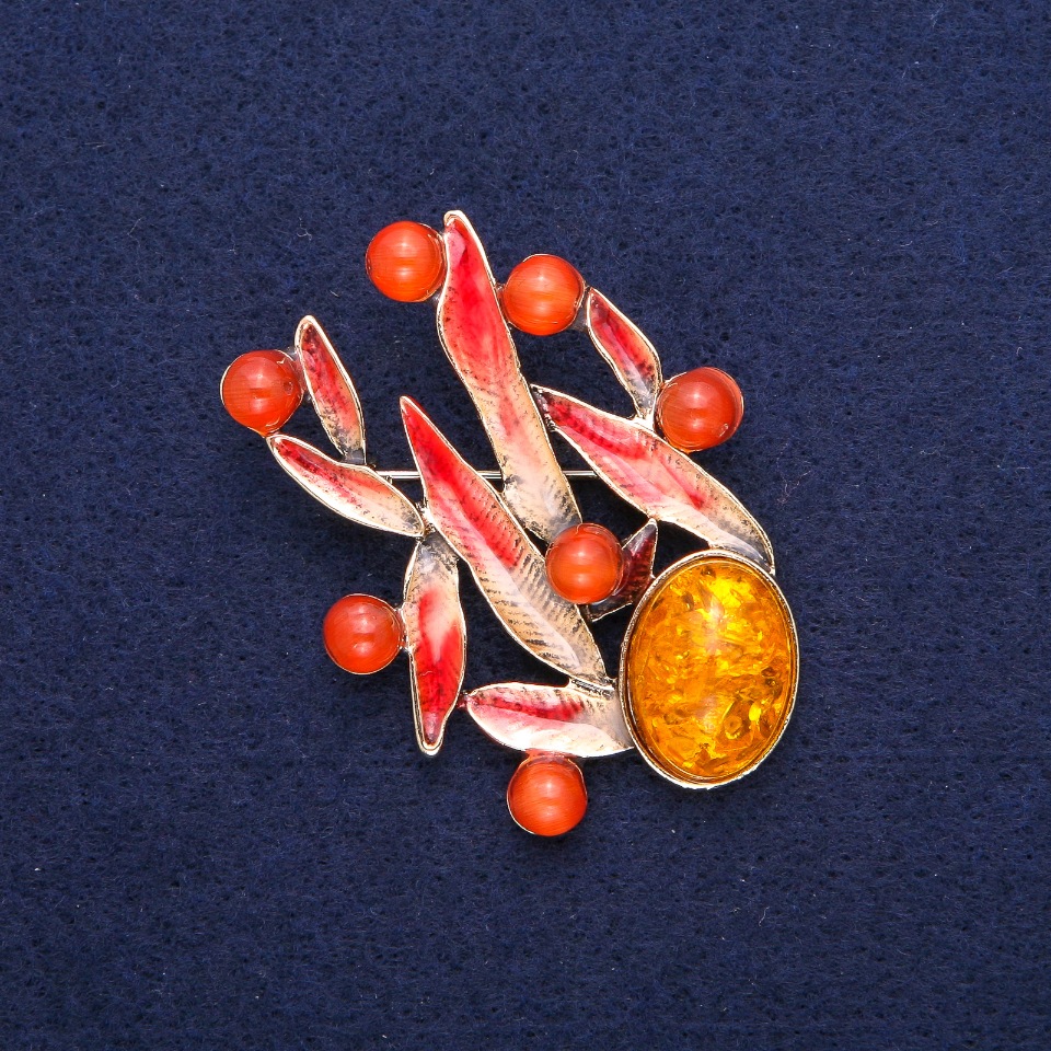 Brooch Leaves with Amber (Imitation) and Cat's Eye, Red Enamel, Gold-Tone Metal 38x53mm