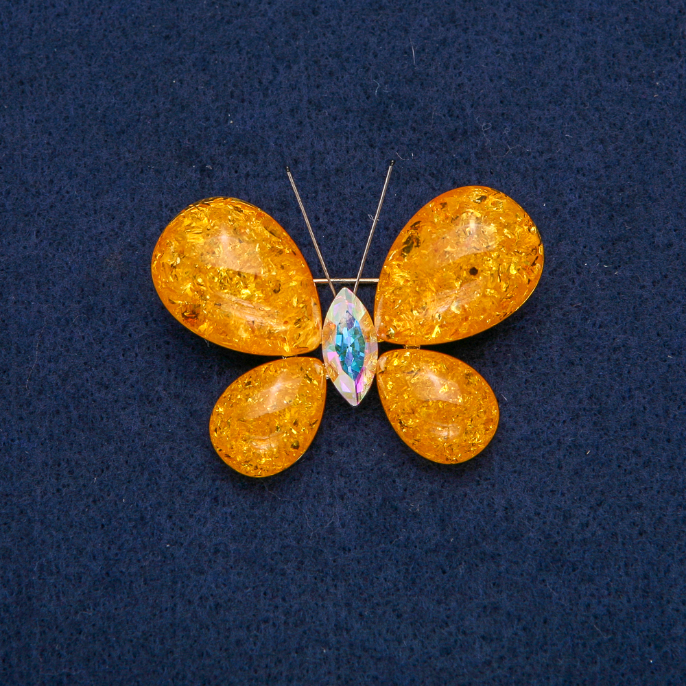 Butterfly Brooch - Golden Metal with Gasoline-Colored Rhinestone and Light Synthetic Amber, 50 x 35 mm +