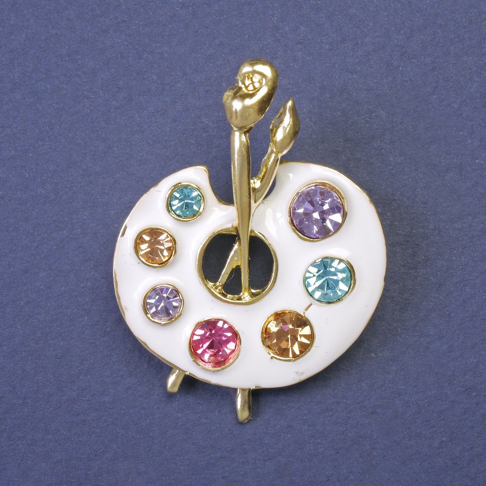 Palette Brooch with Multicolored Rhinestones and Enamel on Gold-Tone Metal 45×32 mm+
