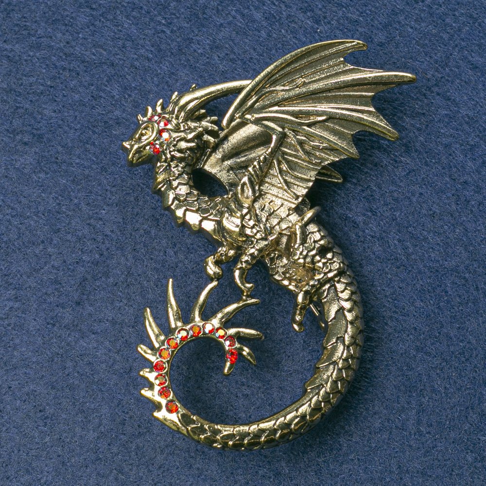 Dragon Brooch in Golden Metal with Red Gasoline Iridescent Crystals 68×54mm +