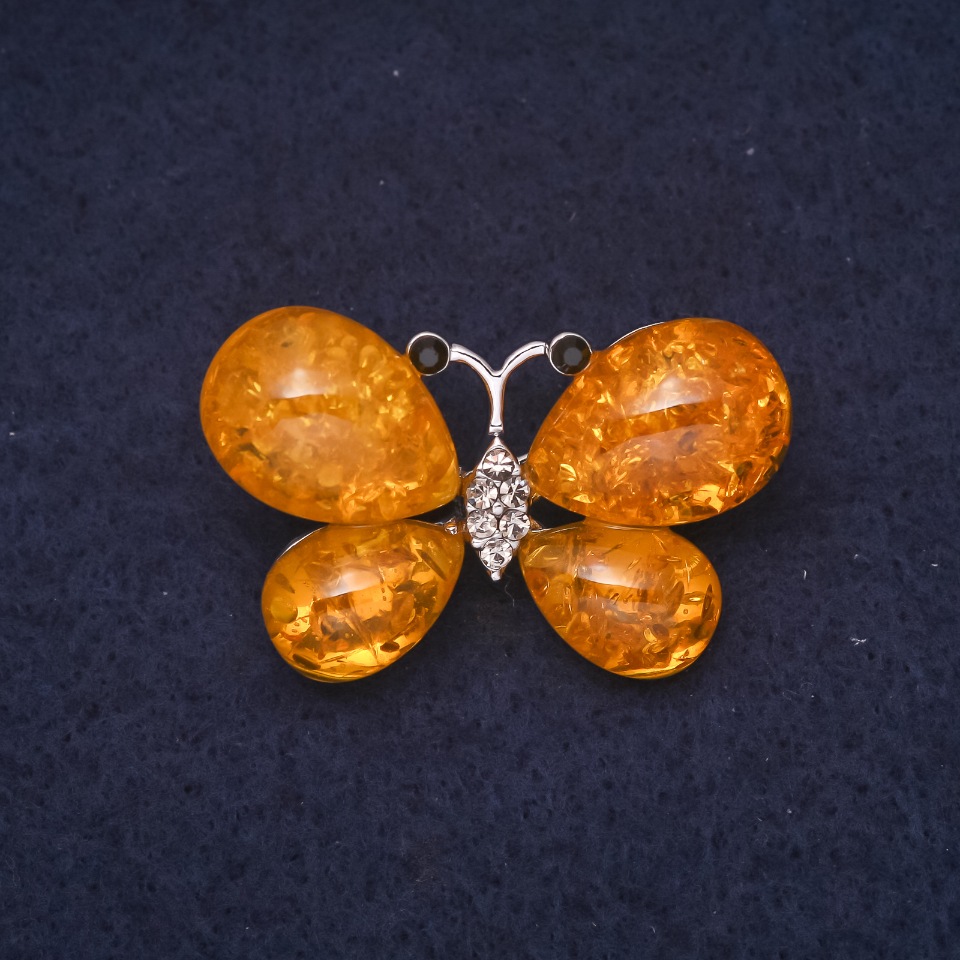 Amber Butterfly Brooch (single) 38×24 mm, color yellow, silver metal