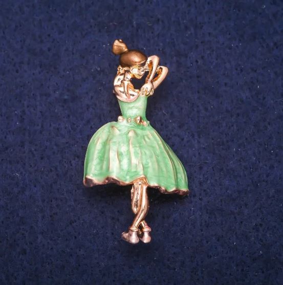 Ballerina Brooch with Green and Brown Enamel, Gold-Tone Metal 24x46 mm