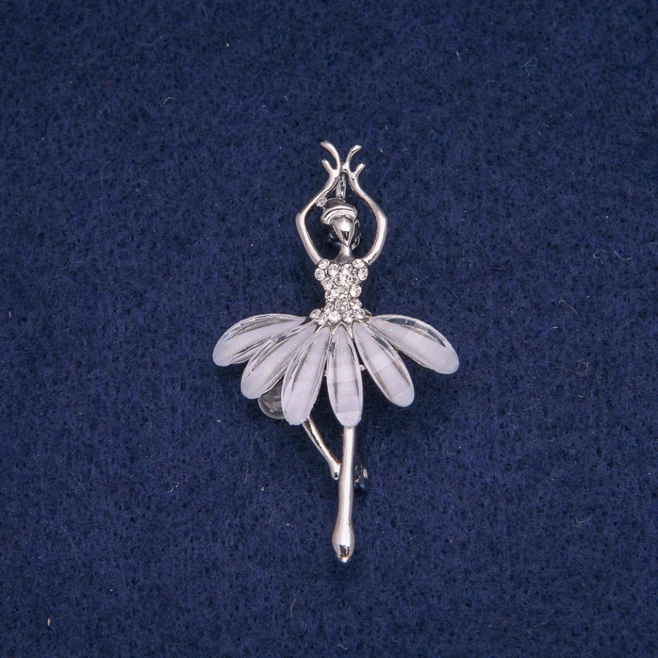 Ballerina Brooch with White Crystals, Silver-Colored Metal, 49×28 mm