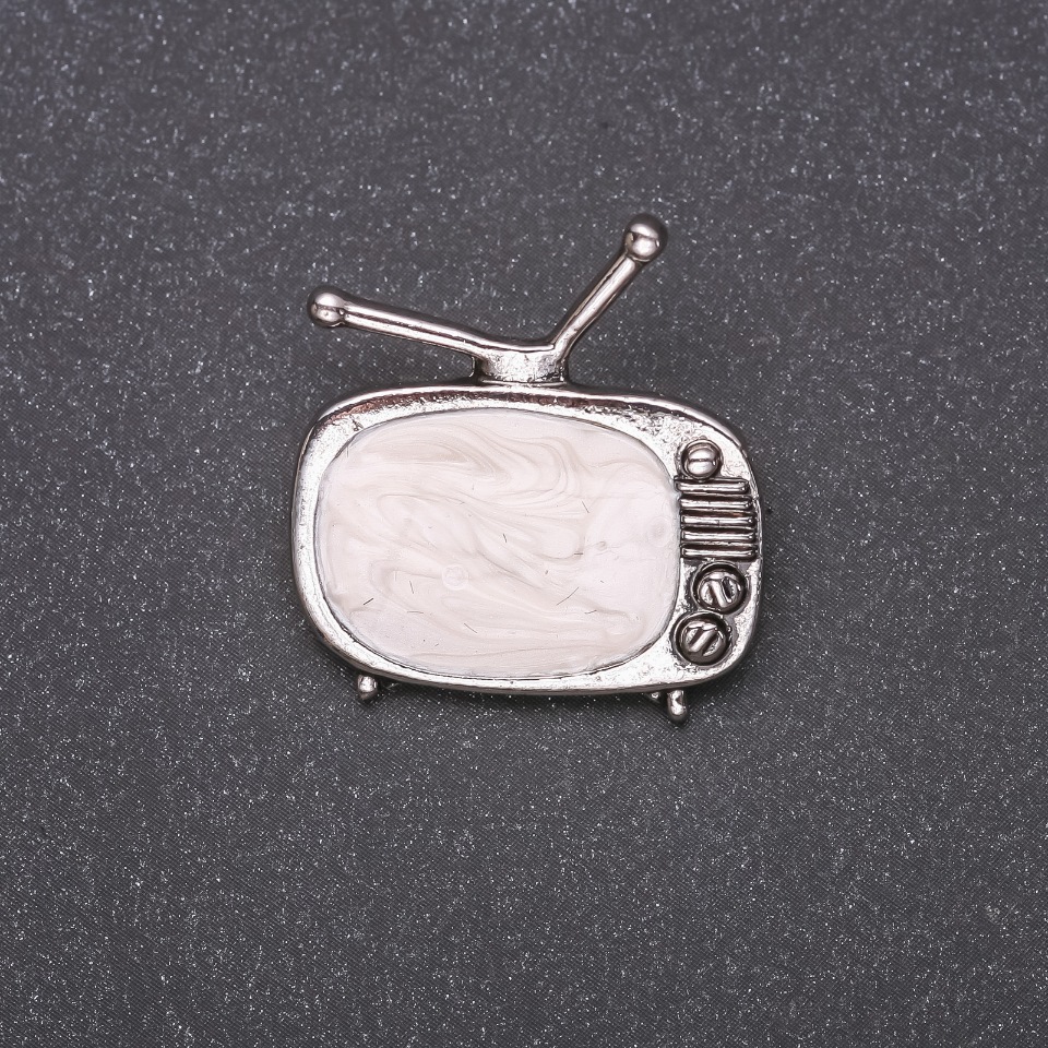 Brooch Television white enamel gray metal 25x26mm