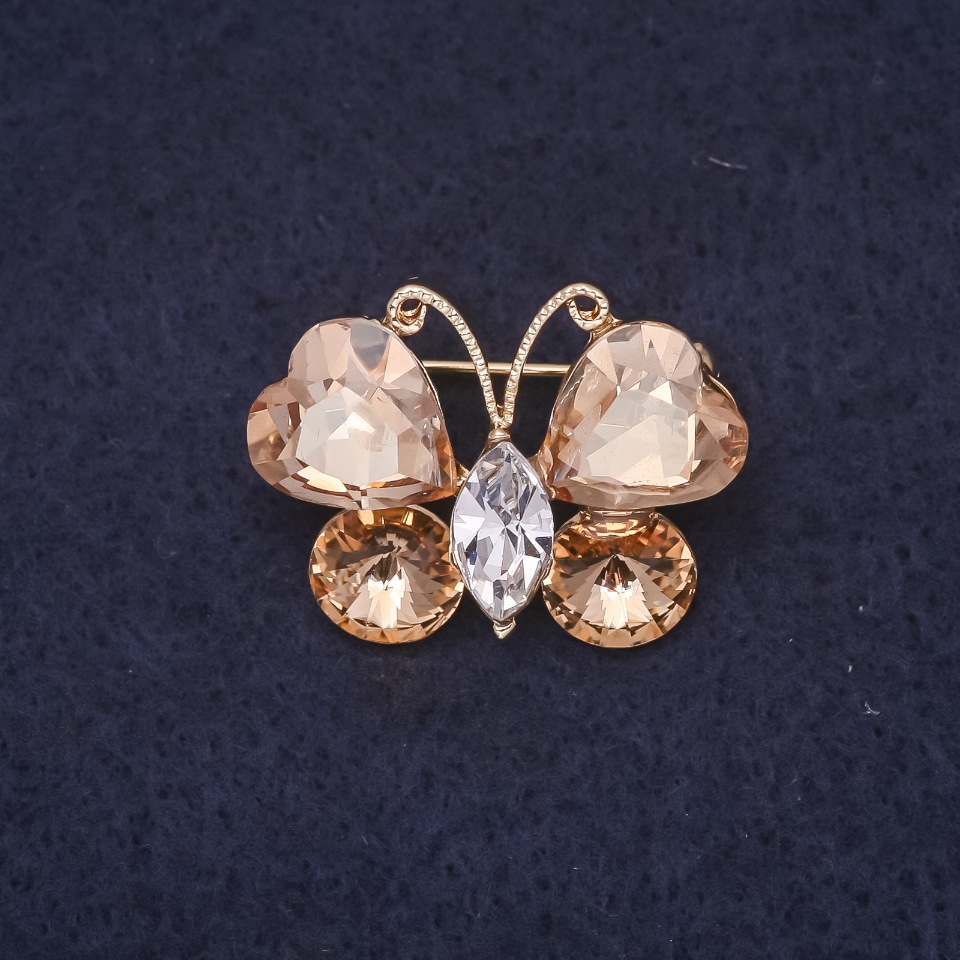 Butterfly Brooch 25x20mm with Champagne-Colored Stones, White Metal with Gold-Tone Finish