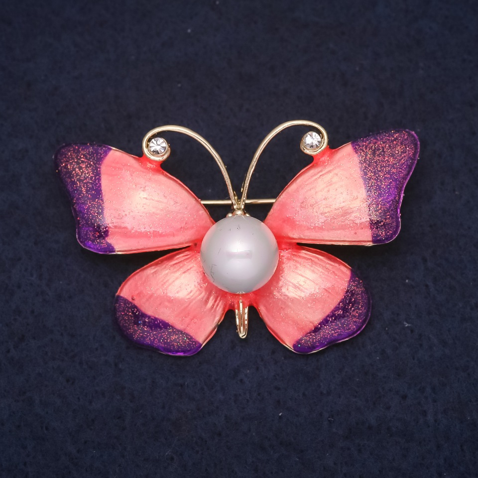 Butterfly Brooch 47x30 mm, rhinestones, enamel, colors white, purple, pink, gold-tone metal