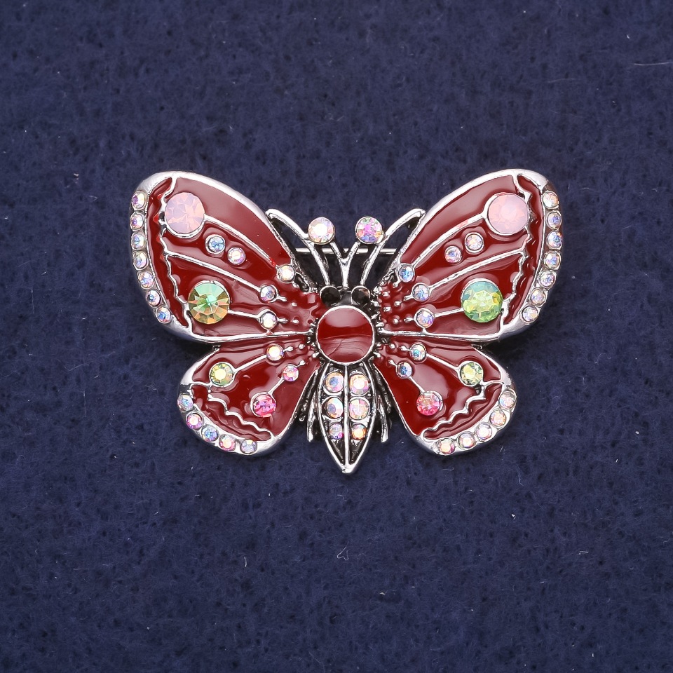 Butterfly Brooch with Chameleon Crystals, Burgundy Enamel, 38x28mm Silver-Toned Metal
