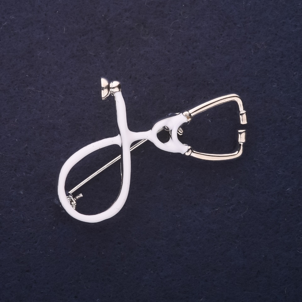 Stethoscope Brooch, White Enamel, Silver Metal, 44×30 mm