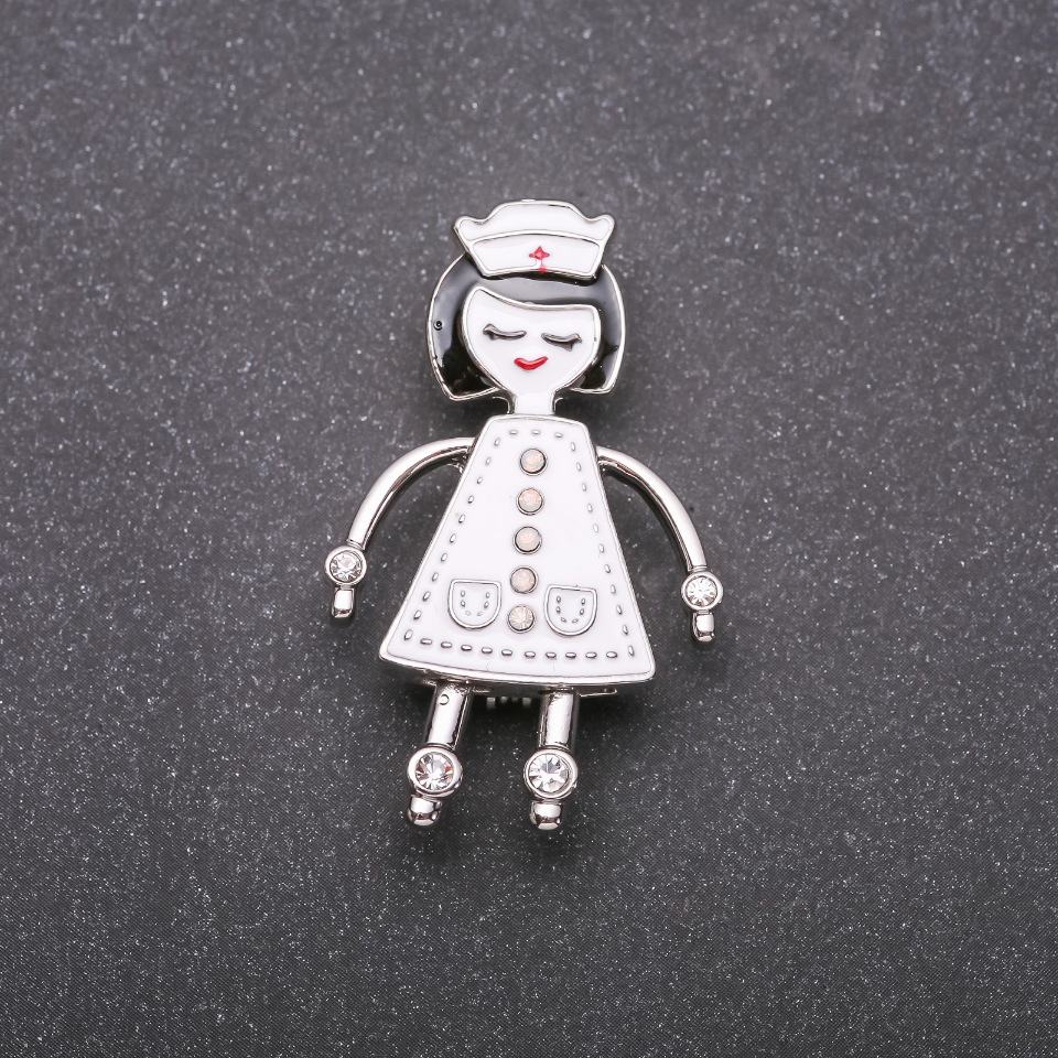 Nurse Brooch with White Enamel, Silver Metal, 42x26 mm