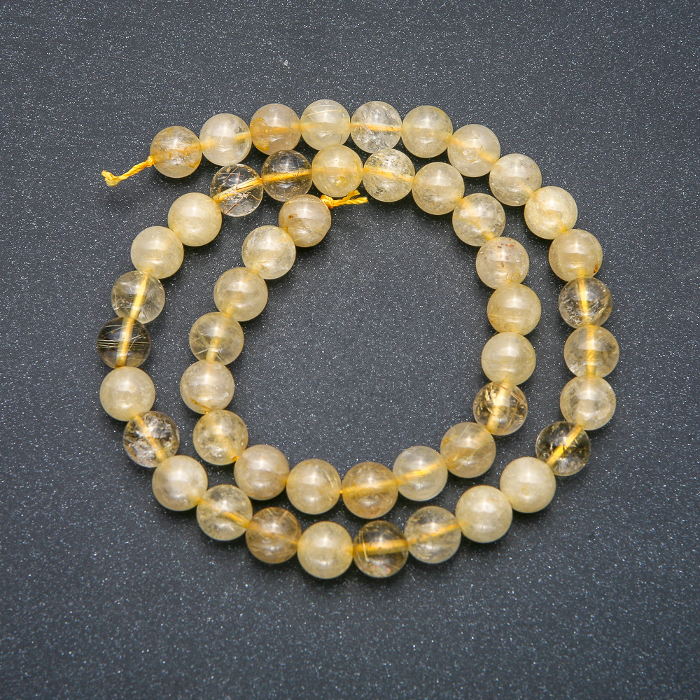 Beads on a thread - natural stone, Hairy rutile quartz beads, smooth round, 8 mm diameter, 39 cm length