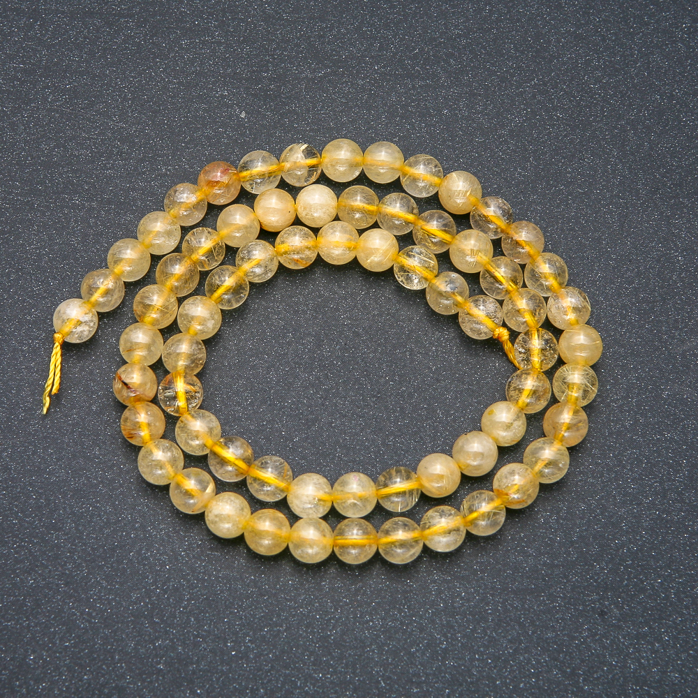 Beads on a Thread, Natural Stone Rutile Quartz Hair Quartz, Smooth Bead, 6 mm Diameter ±, Length 39 cm ±