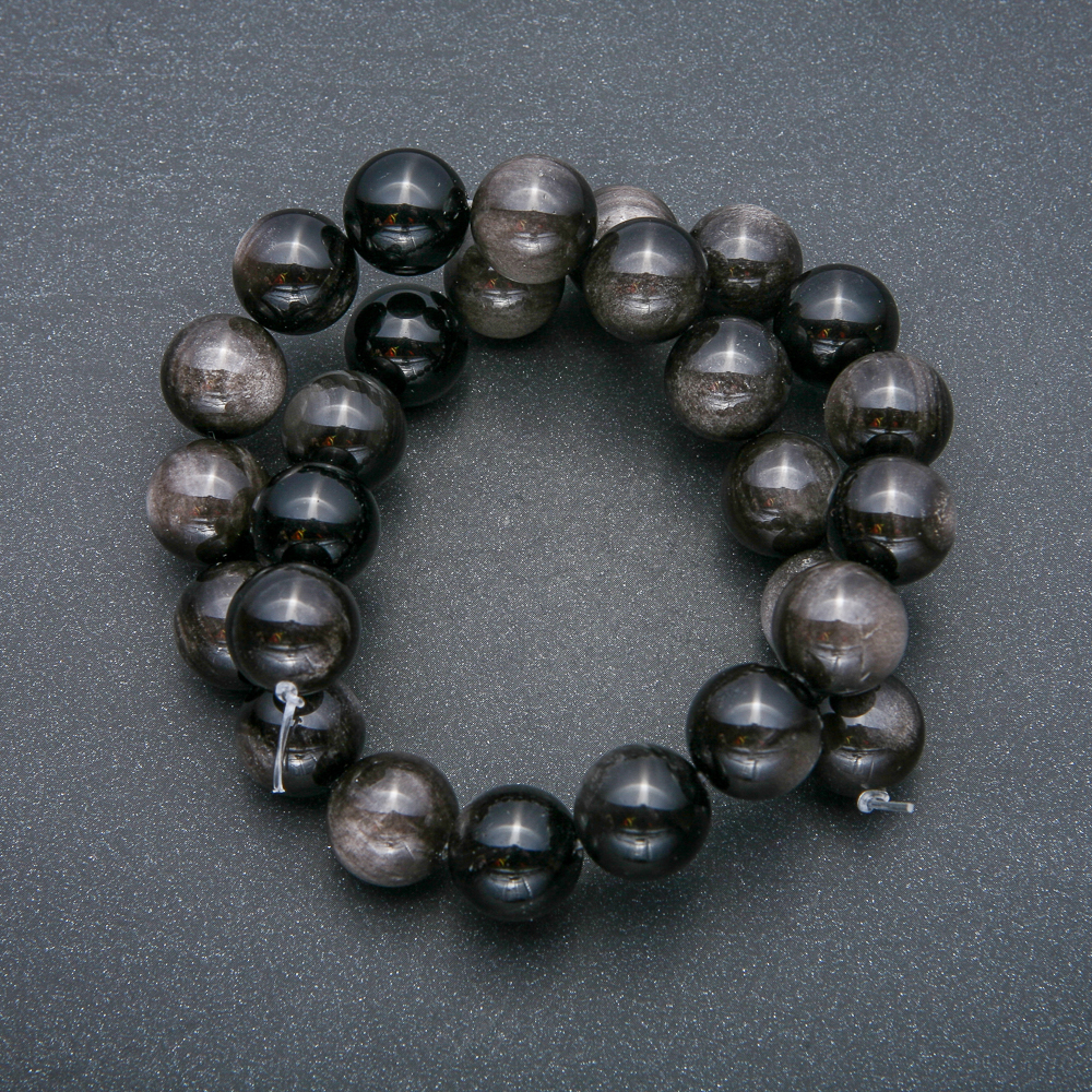 Beads on a thread of natural stone Silver Obsidian — smooth bead, 14 mm diameter, 39 cm length