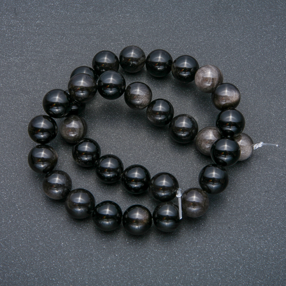 Threaded beads, natural stone, Silvery Obsidian, smooth spheres, 12mm diameter, 39cm length