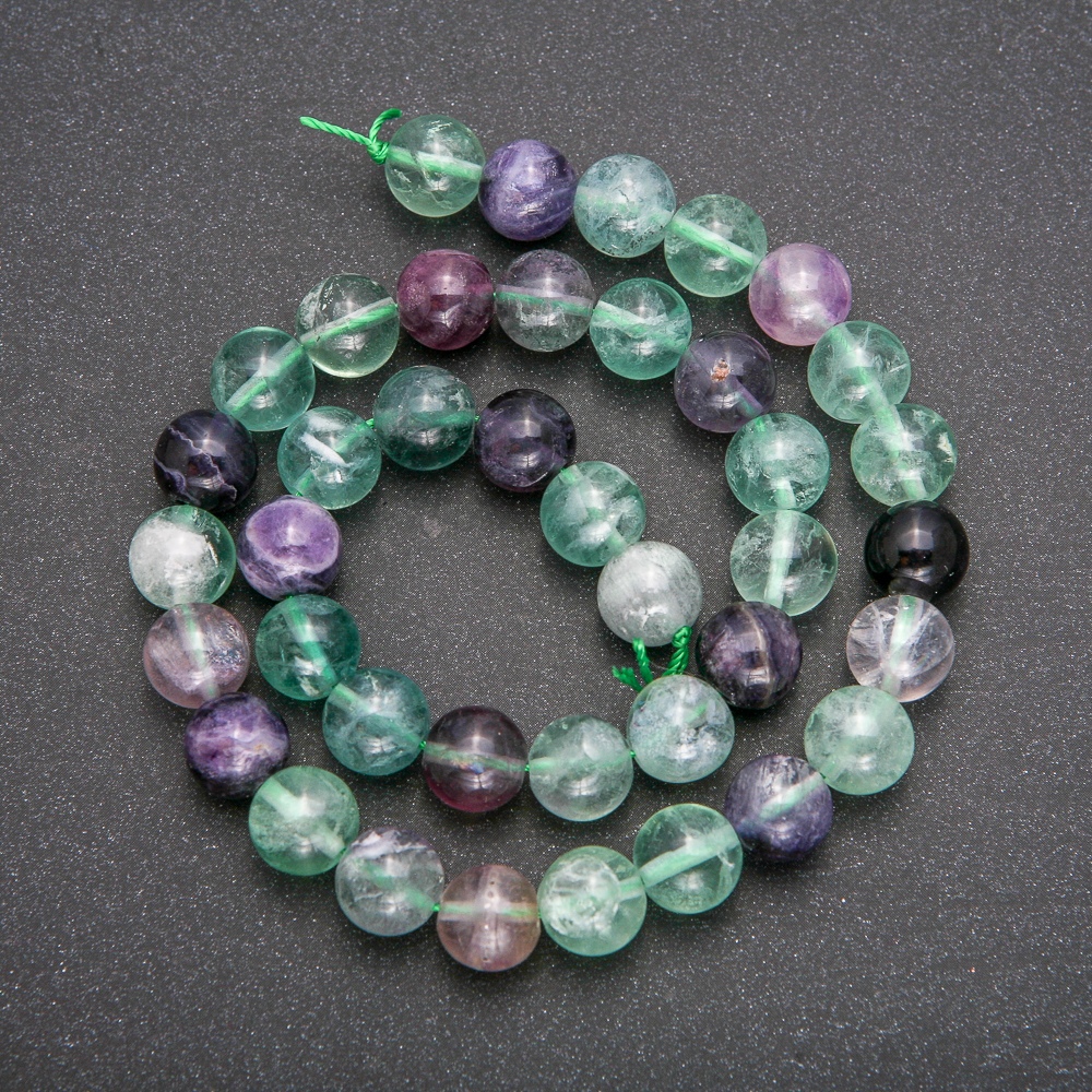 Fluorite beads on thread, smooth ball beads, 10 mm diameter, 38 cm length