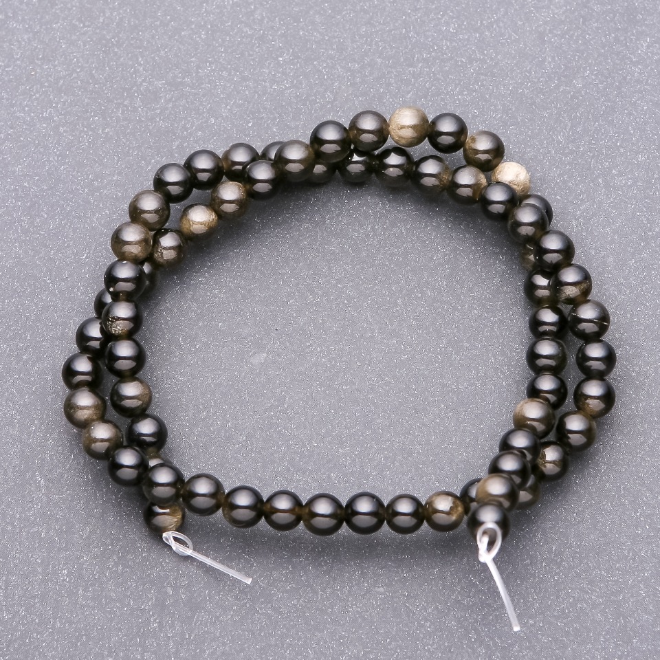 Sunstone Obsidian Beads on Thread - Smooth Round Beads, Diameter 6.5 mm, Length 38 cm