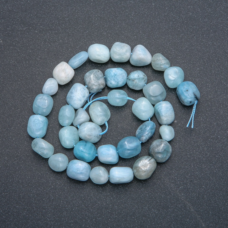Aquamarine Beads on a Thread, Natural Stone, Round Faceted, 9×12 mm, 40 cm Length +