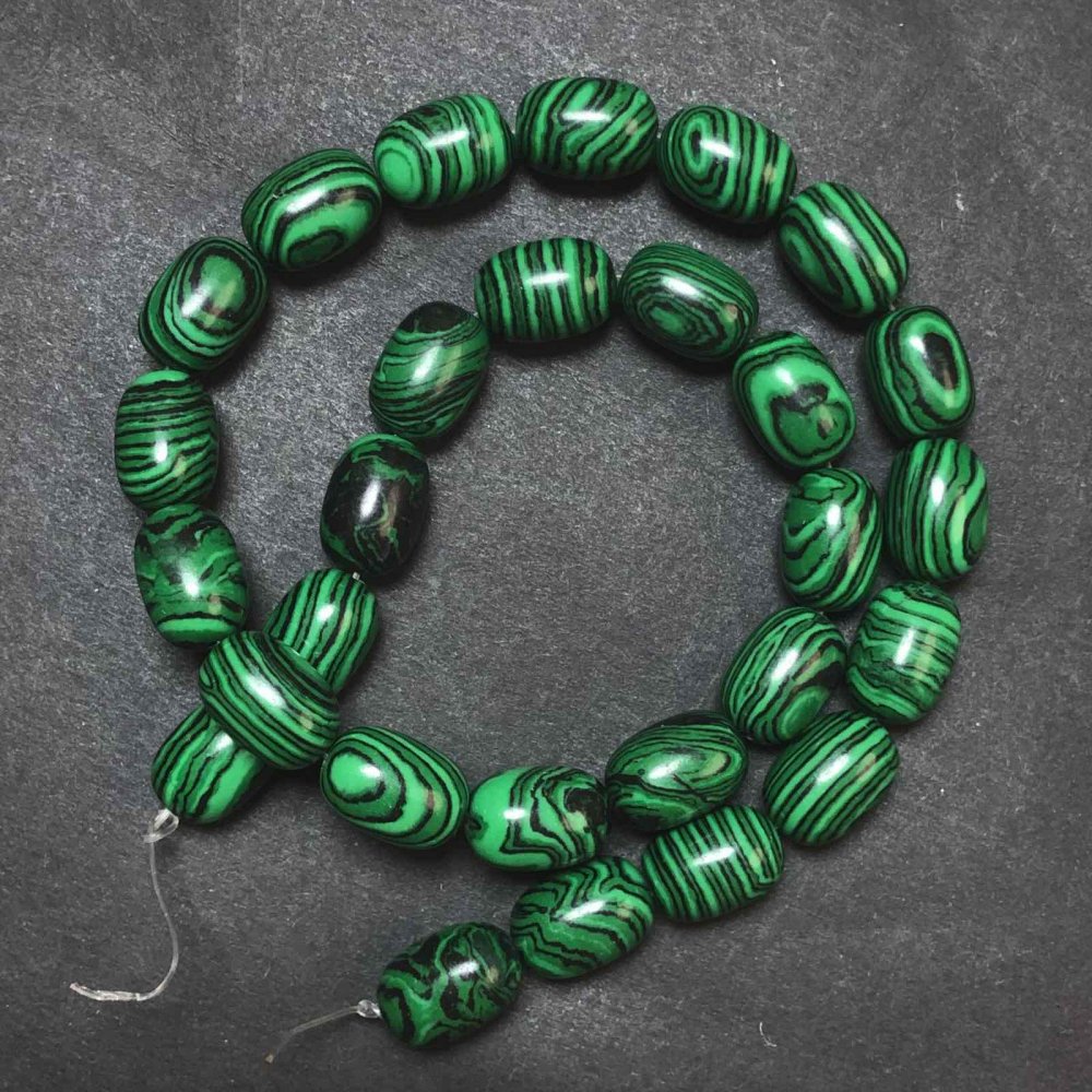 Malachite Beads on a Thread (Pressed), Diameter 10×14 mm, Length 39 cm