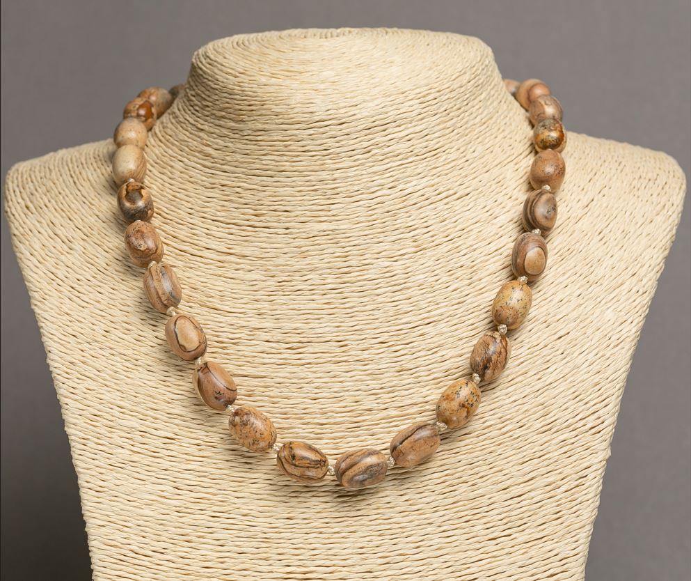 Necklace of natural stone Landscape Jasper 'Barrel', diameter 10x14-15mm, length 48cm+