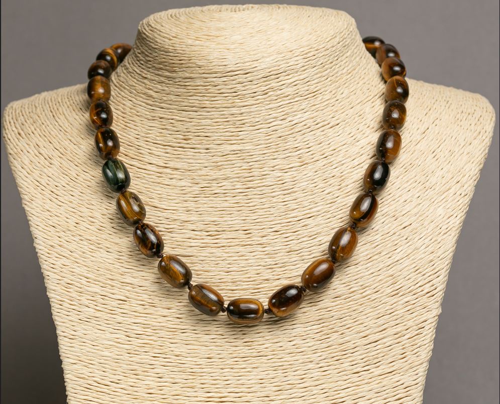 Necklace of natural Tiger's Eye, "Barrel" 10x14 mm, length 45-48 cm +